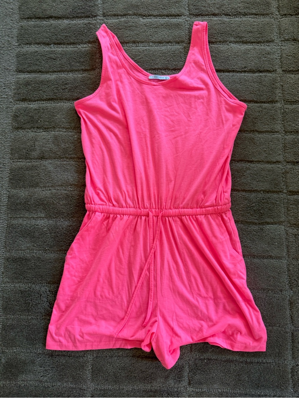 ReoRia Neon Pink Sleeveless Knit Romper with Drawstring Waist